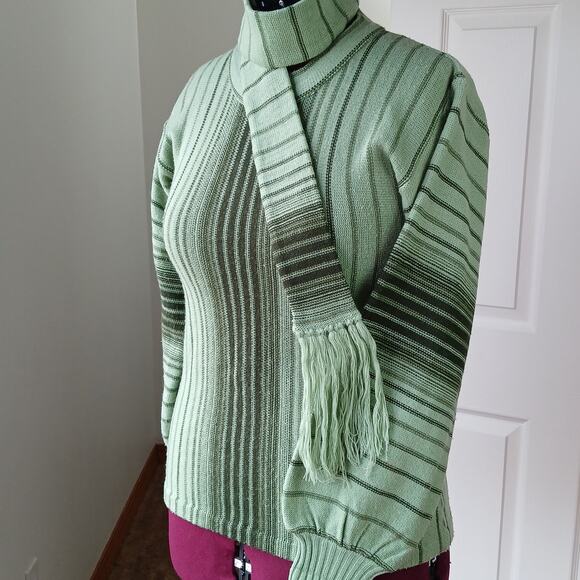 Pear Blossom Vertical Striped Sweater and Scarf Set Medium VTG 70s green black - Picture 1 of 16
